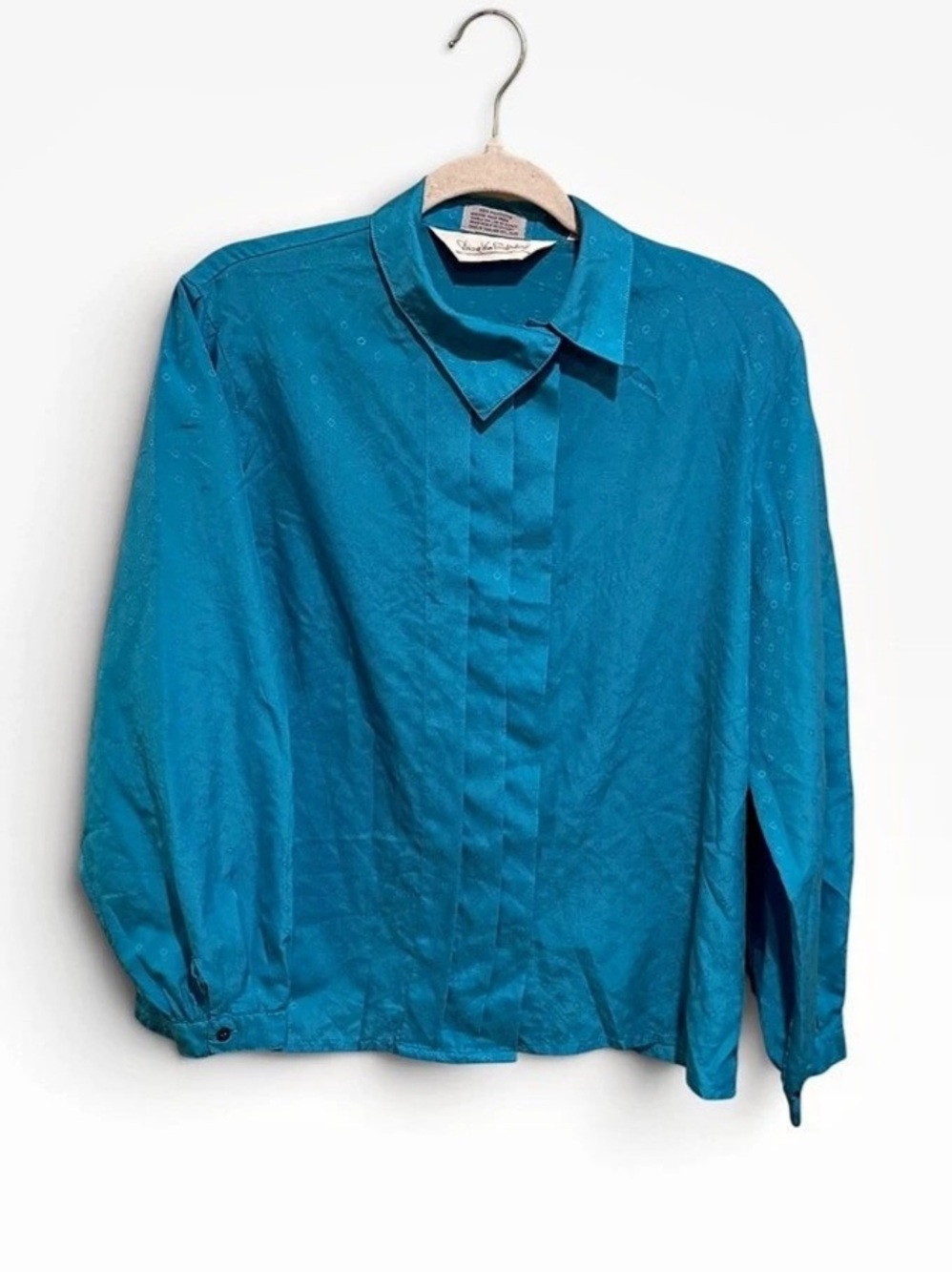 Vintage 80s Diane von Furstenberg Teal Jacquard Blouse Asymmetric Collar